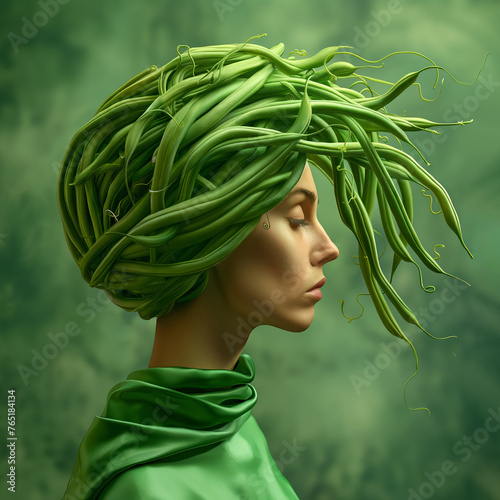 Profile of a woman with a creative headdress of long green beans