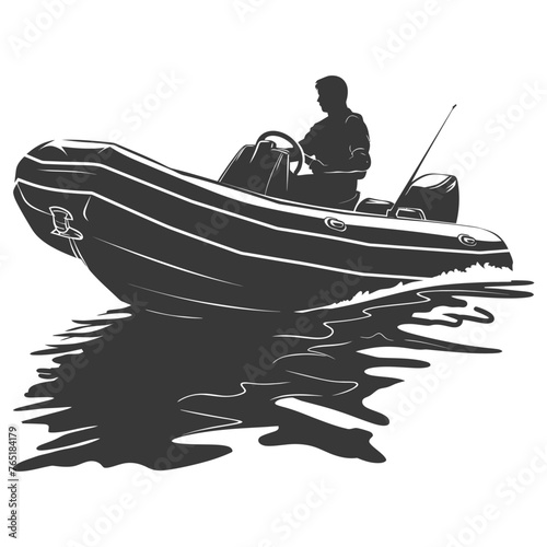 Silhouette a man driving inflatable boat the boat is traveling black color only