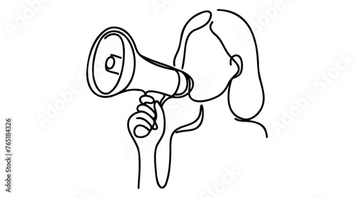 One continuous single drawn line art doodle megaphone, woman, people, announcement, business,refer, friend . Isolated image hand drawn continuous outline white background.