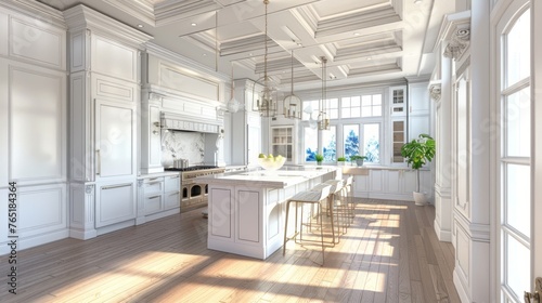 Amazing Luxury Kitchen Interior in white with wooden floor and kitchen island, generative AI © RIZAL