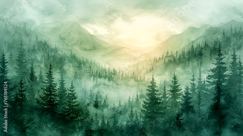 A beautiful foggy forest landscape in watercolors