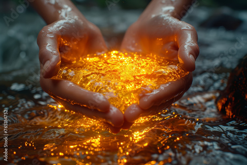 A surreal landscape with a river of liquid gold flowing between two hands, symbolizing abundance and prosperity. Concept of financial success. Generative Ai.