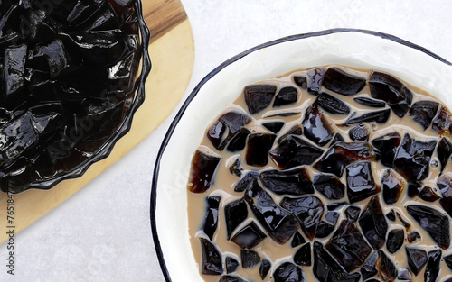 Grass jelly in milk with brown sugar, herbal dessert. Mesona chinensis photo