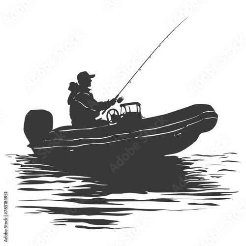 Silhouette fisherman fishing using inflatable boat