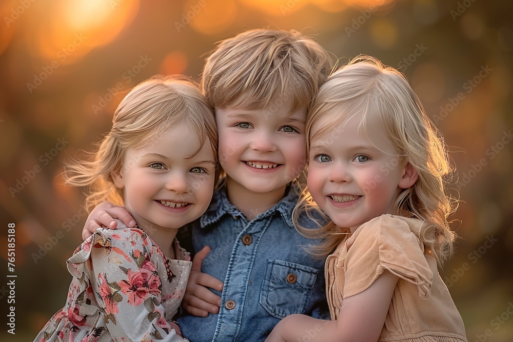Fototapeta premium Three young children are smiling and hugging each other in a photo