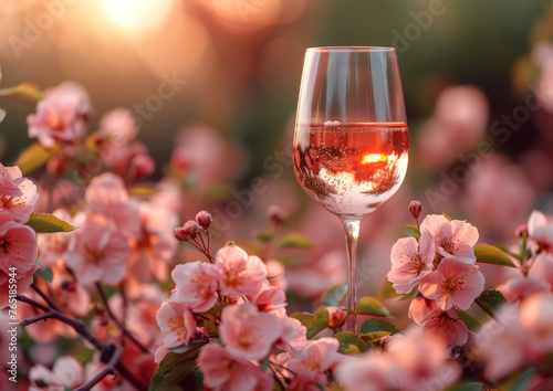 Rosé Wine Elegance, A Toast to Spring Amidst Blossoming Cherry Trees at Sunset