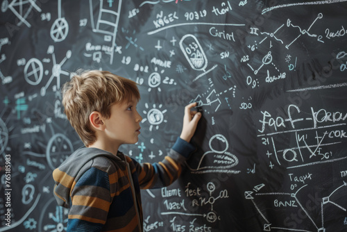 Smart boy looking at hand drawn mathematical problem on the blackboard. Generative AI © barmaleeva