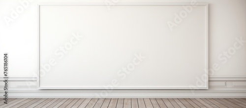 A blank white picture frame is hanging on the wall of a room with a parquet floor