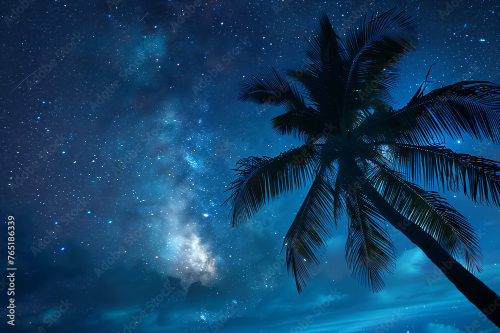 Silhouette of a palm against a night sky with the Milky Way