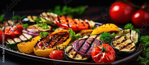 Grilled vegetables on a plate with tomatoes and onions