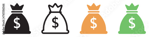 Money bag icon set. Dollar money with sack. Symbols money bag or stash, coin sack sign, business, banking, vector.