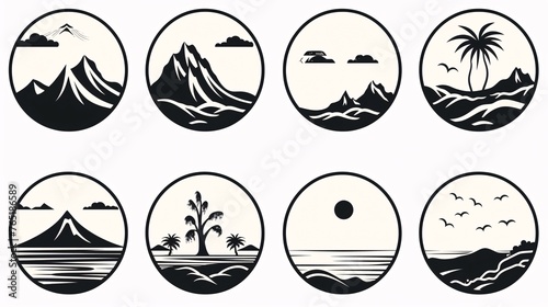 Set of mountains, palms and sea. Vector illustration in black and white colors