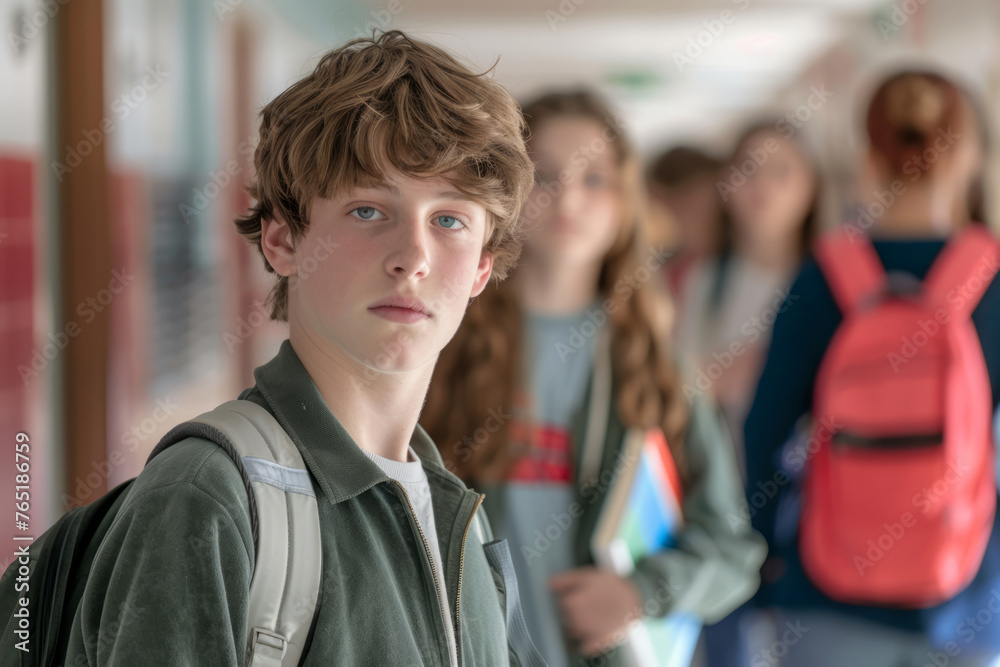 Teenage boy at school hallway, holds a book. Cheerful classmates girls in background. Generative AI Teenage boy at school hallway, holds a book. Cheerful classmates girls in background. Generative AI
