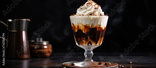Close-up of coffee glass with whipped cream and chocolate