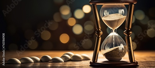 Hourglass and eggs on wooden table for business deadline concept photo