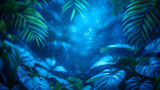 Tropical leaves against a mystical blue glow in jungle at night