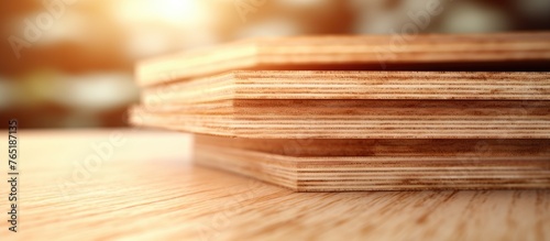 Close up of plywood boards stacked on a table