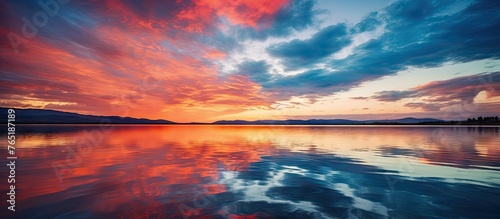 Sunset over lake with distant mountain © Ilgun