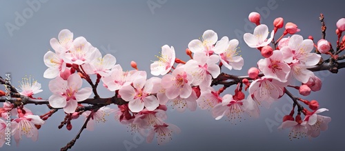 Close-up of pink cherry tree branch with flowers