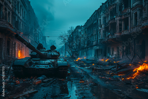 Desolate Night: Wrecked Tanks and Ruined Buildings in Post-WW2 European City
