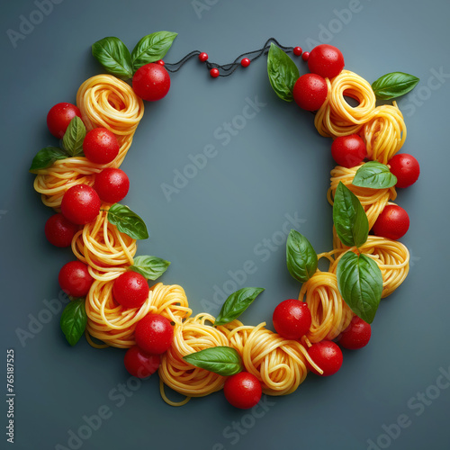 Spaghetti and tomatoes with basil nacklace, creative food fashion concept