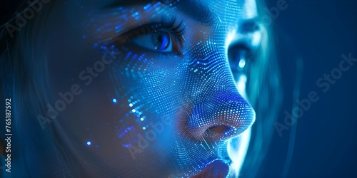 Closeup of a womans face undergoing futuristic facial recognition technology for biometric verification in cyber security. Concept Facial Recognition Technology, Cyber Security