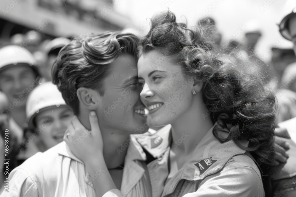 Fototapeta premium 1945 Victory Celebration: Soldier Embraces Nurse Girlfriend in Joyful Crowd Moment