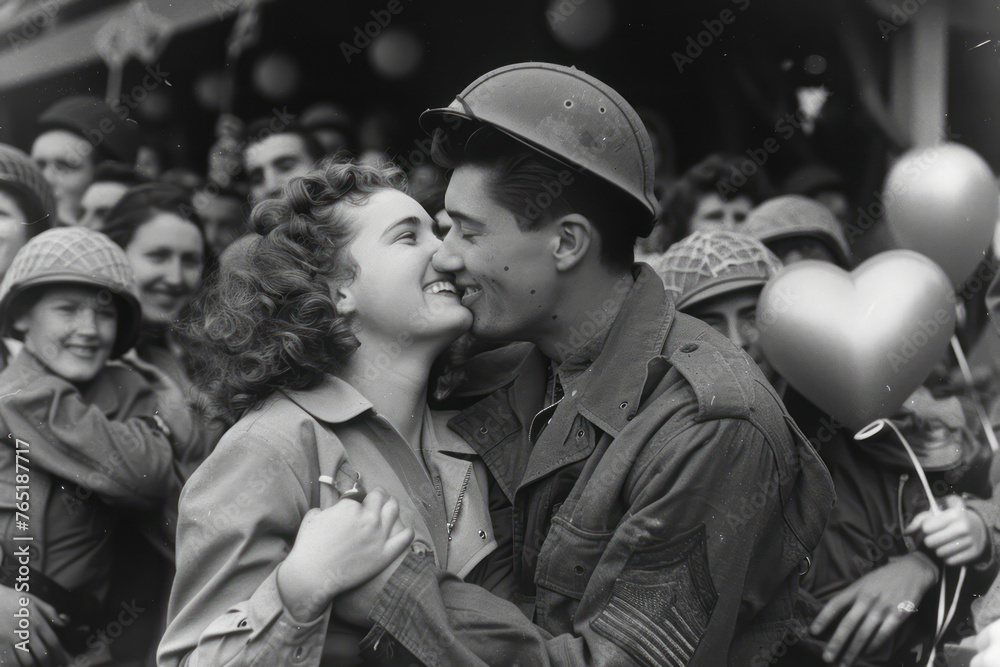 1945 Victory Celebration: Soldier's Reunion with Nurse Girlfriend Captured in Crowd's Joyful Moments