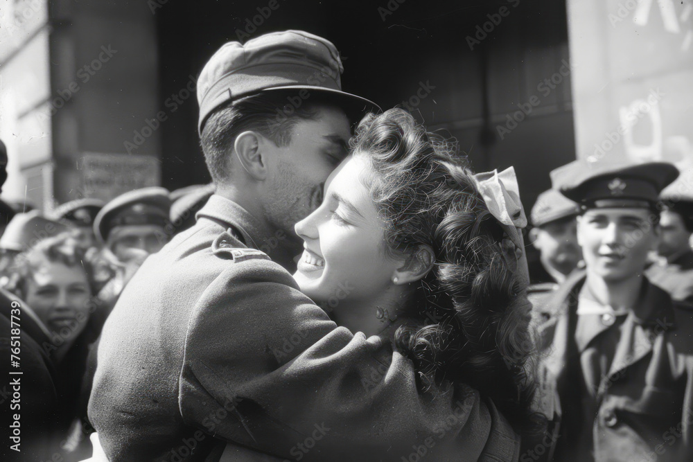 1945 Victory Celebration: Soldier's Embrace Captured in Joyful Crowd Moment with Nurse Girlfriend