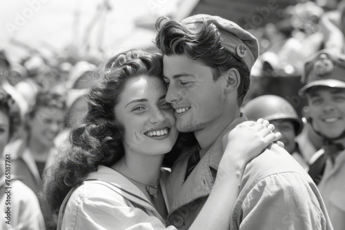 1945 Victory Celebration: Soldier's Embrace Captures Crowd's Joyful Moments with Nurse Girlfriend