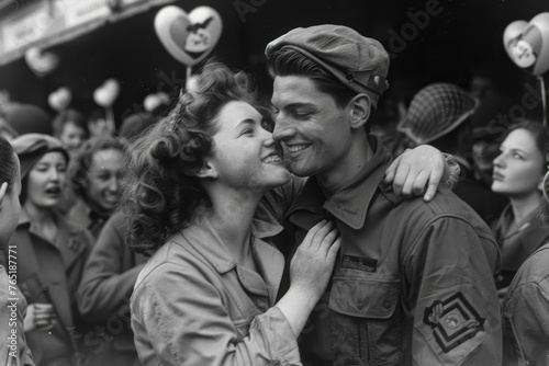 Embracing Victory: Capturing the Joy of a Soldier and His Nurse Girlfriend in 1945 World War II Celebration