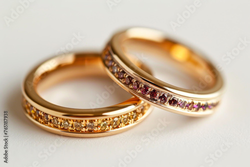 Exquisite Gold Wedding Bands Adorned with Gemstones on a Pure White Background, Radiating Elegance