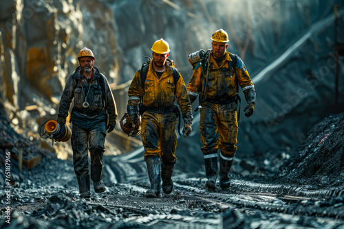 Exploring the Depths: Three Miners Exiting the Underground Mine