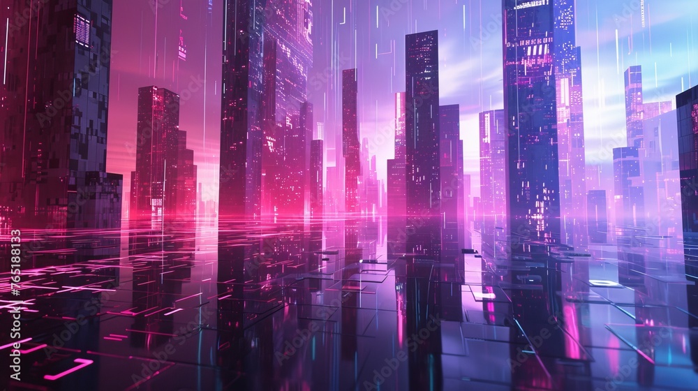 A futuristic cityscape bathed in neon lights, with glossy surfaces reflecting the vibrant urban life.
