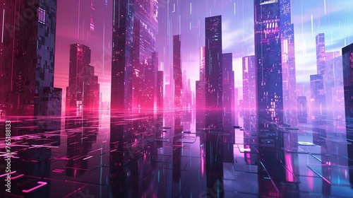 A futuristic cityscape bathed in neon lights, with glossy surfaces reflecting the vibrant urban life.