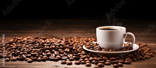 A cup of coffee placed on a saucer with surrounding coffee beans