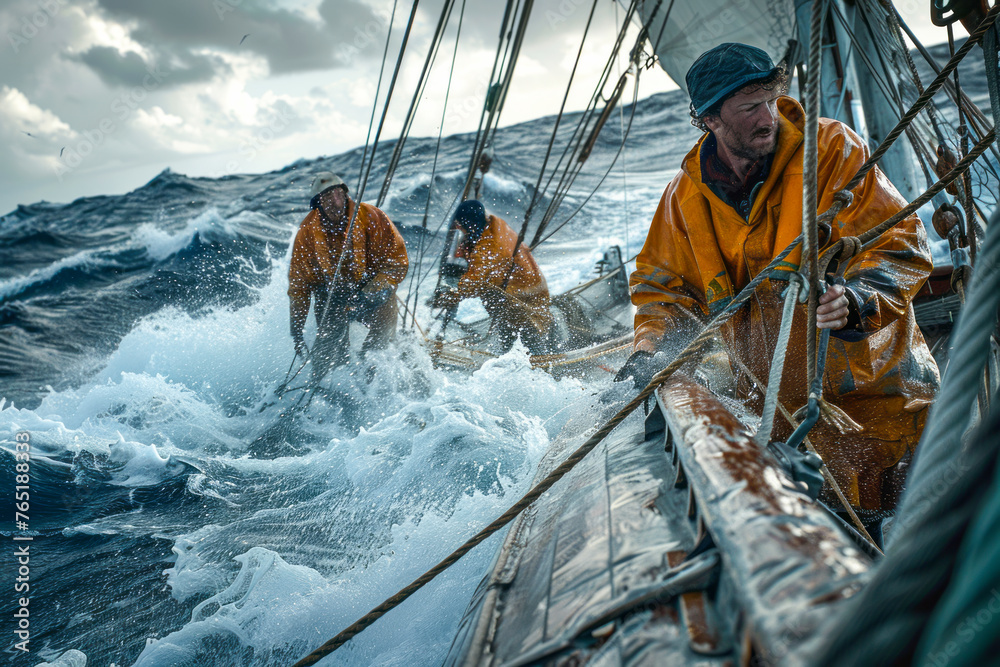 Obraz premium Seafarers partake in offshore fishing ventures: A captivating glimpse into the world of commercial fishing