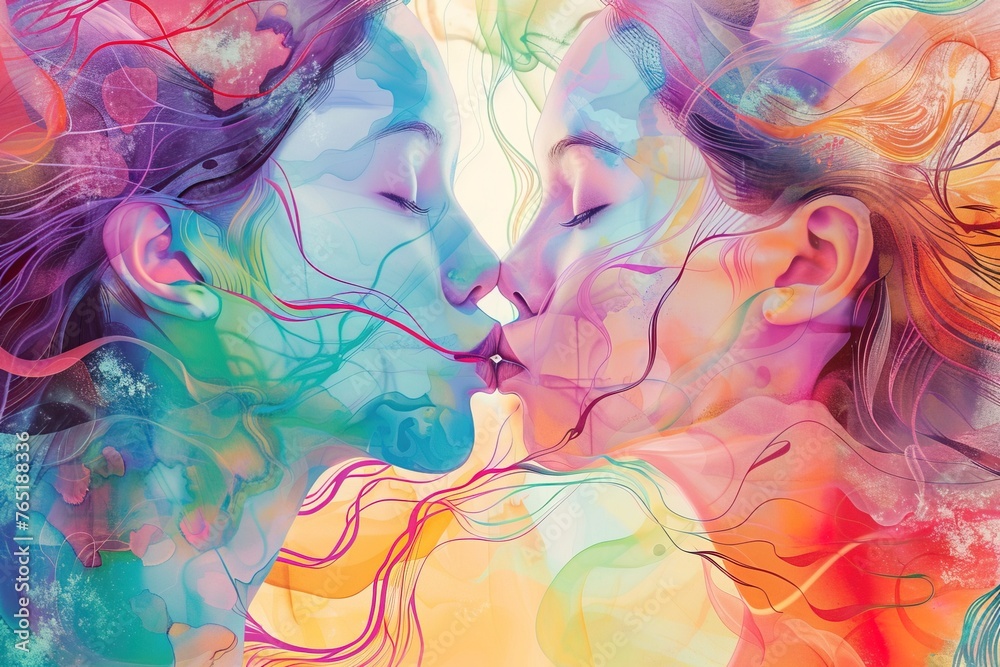 Side view of two women kissing with watercolor rainbow illustration background. Pride month concept