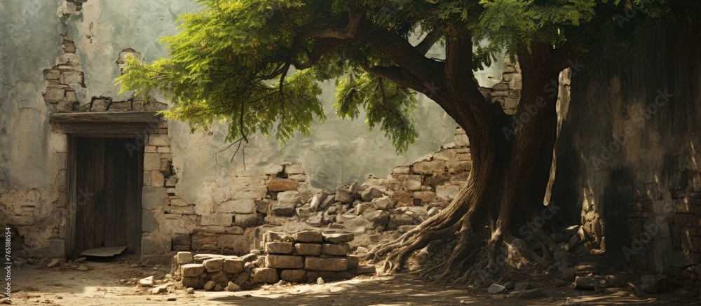 Tree growing near a decrepit building Tree growing near a decrepit building
