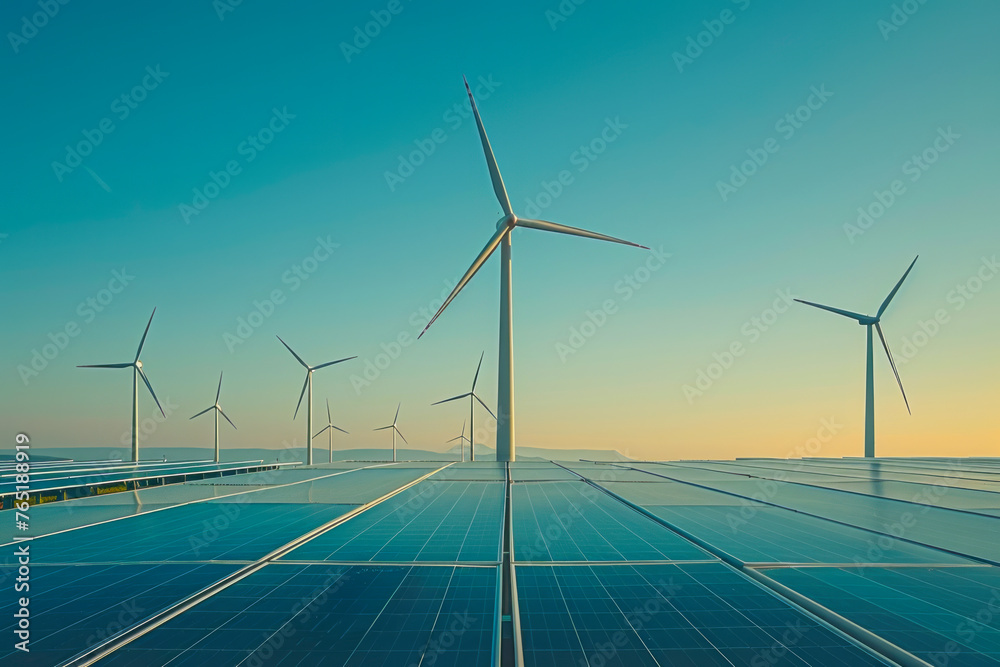 Sustainable Energy: Stunning Sunrise/Sunset Landscape with Solar Panels and Wind Turbines Sustainable Energy: Stunning Sunrise/Sunset Landscape with Solar Panels and Wind Turbines