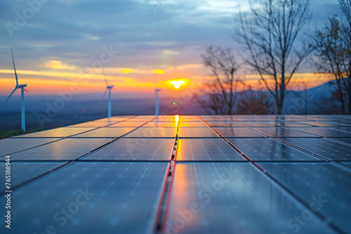 Renewable Energy Horizon: Stunning Sunrise/Sunset Shot of Solar Panels and Wind Turbines in Photorealistic Style