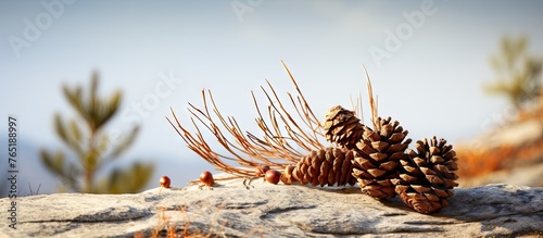 A pine cone on a rock with a tree in the background