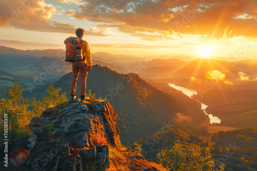 Adventurous man admiring stunning sunset view from cliff top in summer mountains with backpack