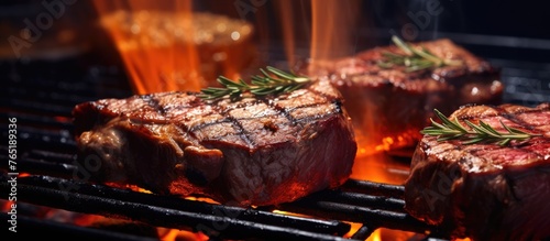 Steaks grilling over flames