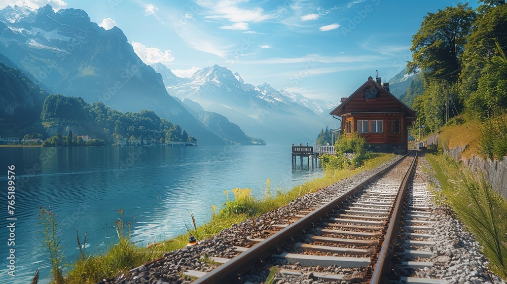 Fototapeta premium Close-up long railroad tracks along the shore of the river