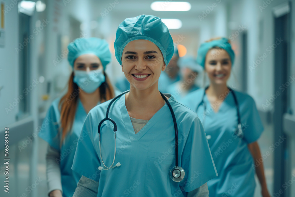 Cheerful medical team in hospital hallway, group portrait. Cheerful medical team in hospital hallway, group portrait.