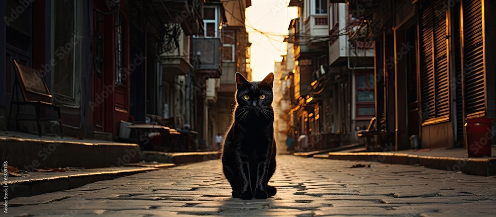 Black cat walking along an Istanbul street Black cat walking along an Istanbul street