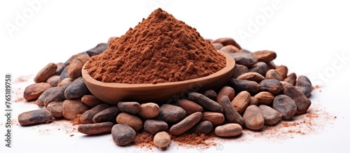 Close up of cocoa beans and cocoa powder on white background