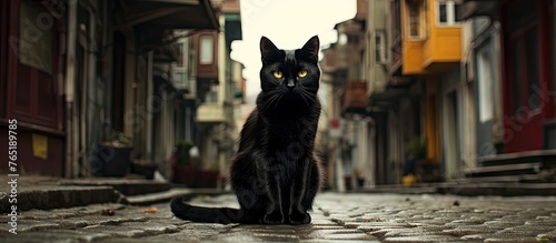 Black cat on cobblestone street