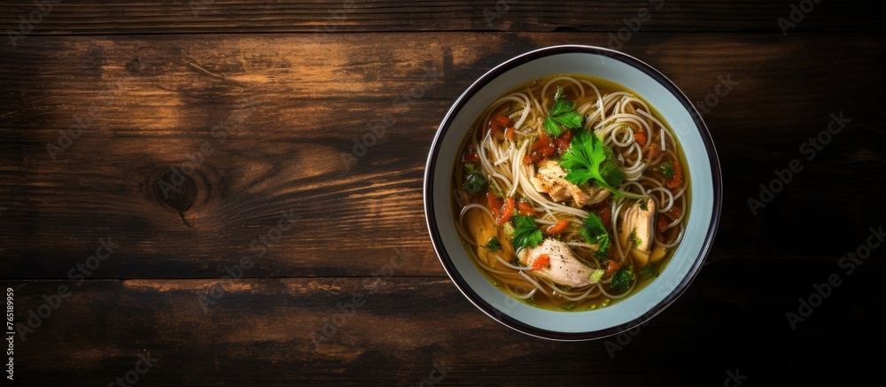 A bowl of chicken noodle soup with noodles and vegetables A bowl of chicken noodle soup with noodles and vegetables